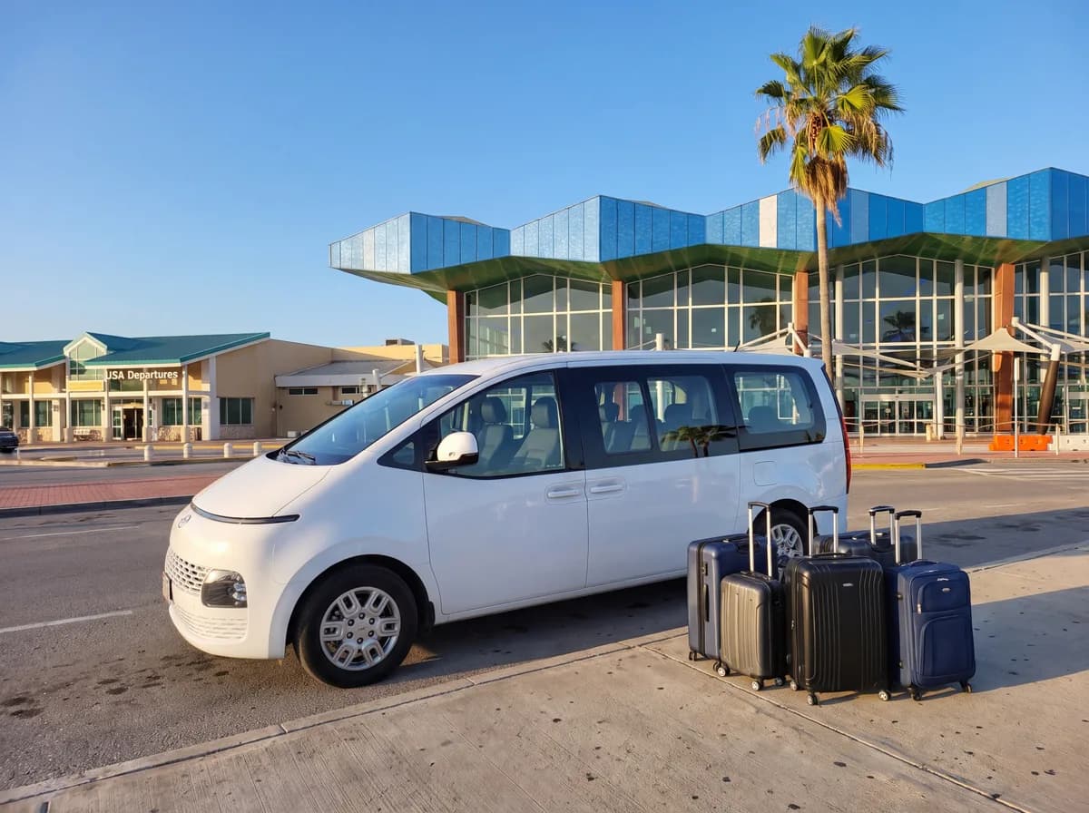 White passenger van at the airport arrivals curb in Aruba with a row of suitcases beside it